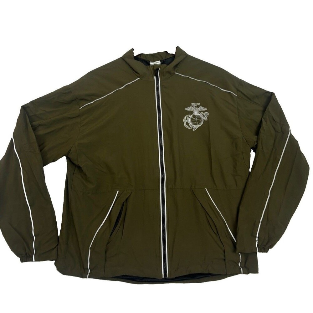 USMC Marines Running Jacket Windbreaker Olive Reflective Full Zip USA Small